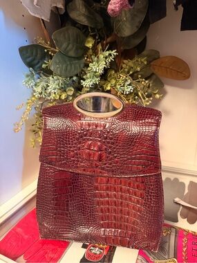 Croc-Embossed Burgundy Structured Satchel
